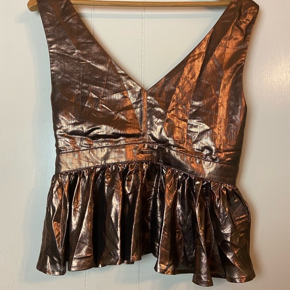 Guess bronze vneck sleeveless blouse top Venetia metallic medium top with peplum - Picture 4 of 9